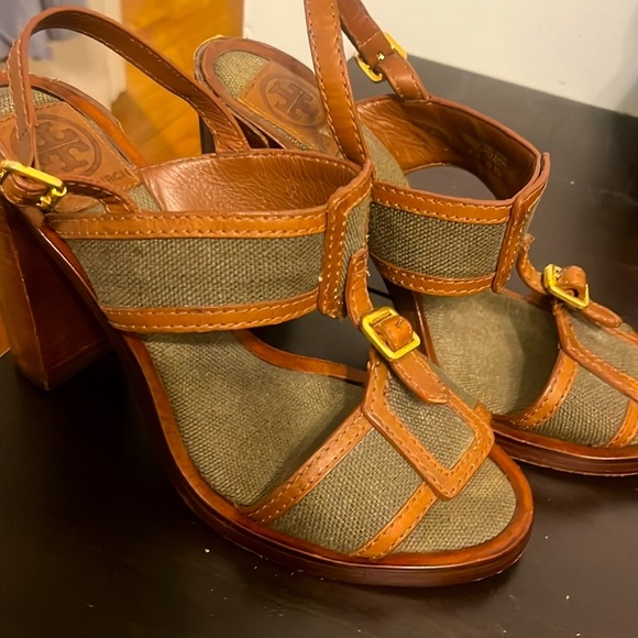 Tory Burch Open Toe Wooden Block Heel Slingback Shoes Size 8M - Picture 5 of 7